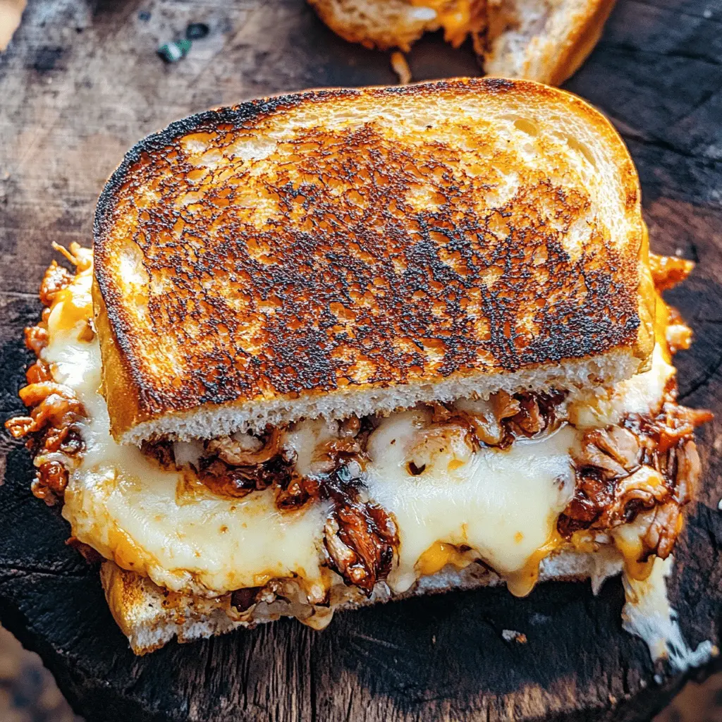 Get ready for a cheesy delight with our BBQ Chicken Grilled Cheese! This mouthwatering sandwich features tender chicken smothered in tangy BBQ sauce, paired with gooey melted cheese between crispy, buttery bread. Perfect for lunch or a quick dinner, save this recipe to treat yourself anytime you're craving a flavorful twist on classic comfort food!