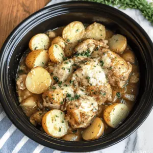 This Crockpot Garlic Parmesan Chicken and Potatoes is the ultimate comfort meal! Tender chicken infused with garlic and rich parmesan, paired with fluffy potatoes, makes for a delightful dish that will please everyone at the table. Perfect for busy weeknights or cozy family dinners. Save this recipe for an easy, delicious dinner idea that you can make with minimal effort!