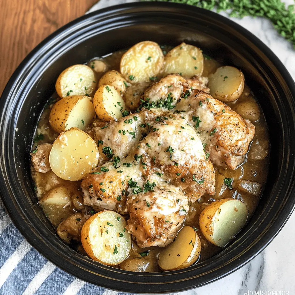 This Crockpot Garlic Parmesan Chicken and Potatoes is the ultimate comfort meal! Tender chicken infused with garlic and rich parmesan, paired with fluffy potatoes, makes for a delightful dish that will please everyone at the table. Perfect for busy weeknights or cozy family dinners. Save this recipe for an easy, delicious dinner idea that you can make with minimal effort!