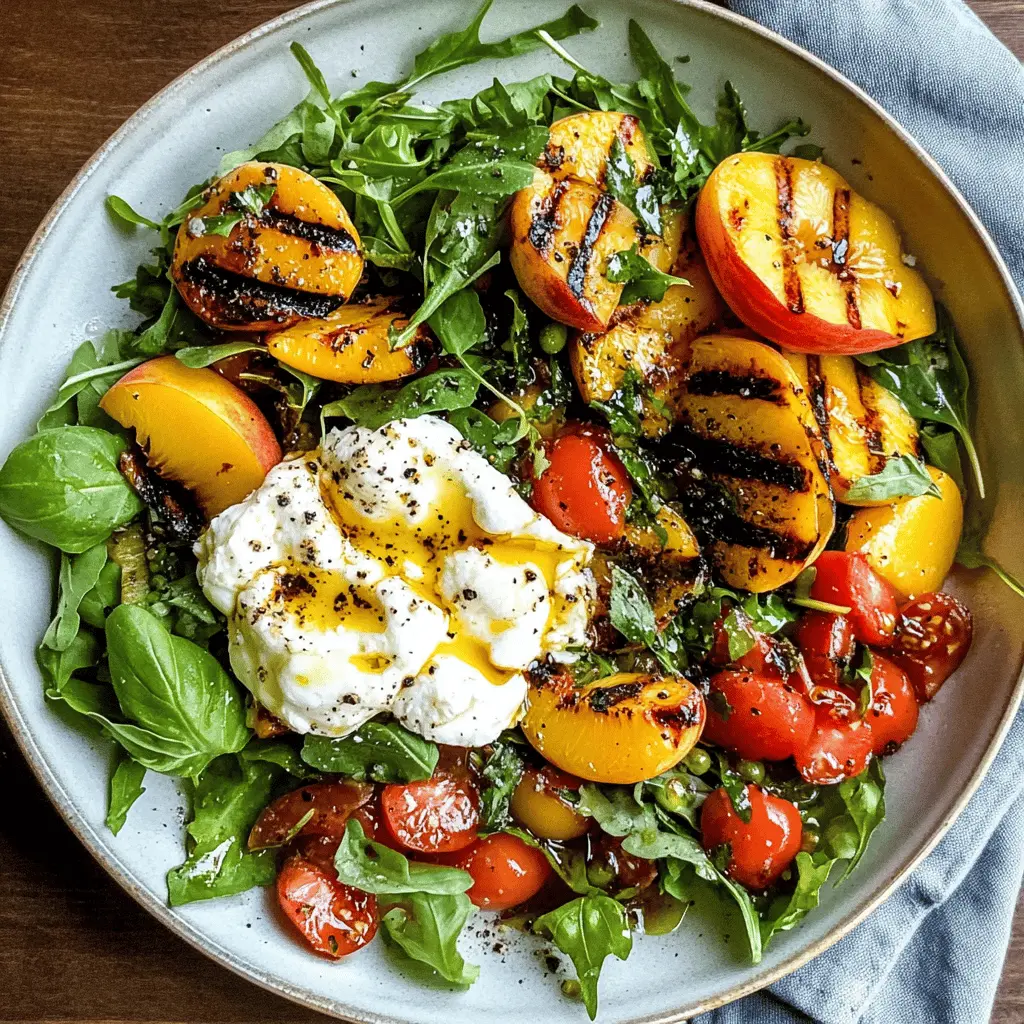 Enjoy the sweet and creamy delight of this Grilled Peach and Burrata Salad! Fresh peaches and rich burrata create a perfect balance, enhanced with a drizzle of balsamic glaze. This dish is ideal for summer gatherings or a light weeknight meal. Save this recipe to impress your friends and family at your next picnic!