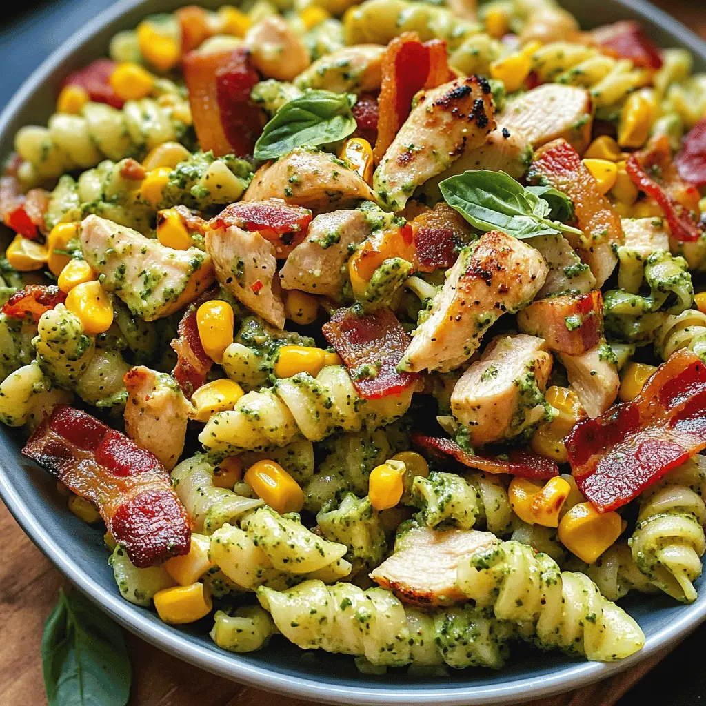 Easy Chicken and Corn Pasta Salad with Creamy Pesto and Bacon