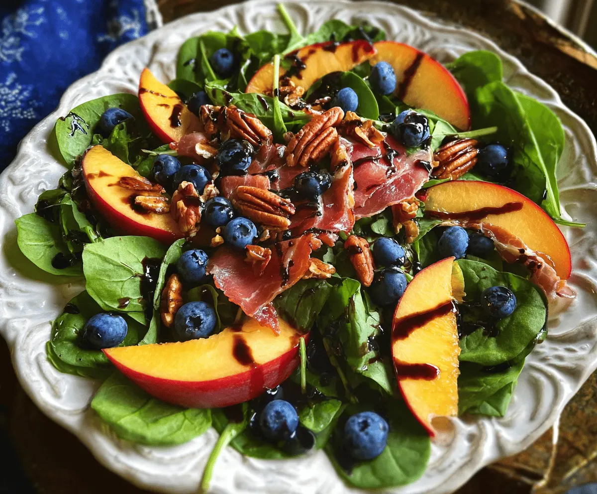 Fresh Peach Blueberry Spinach Salad With Pecans & Prosciutto