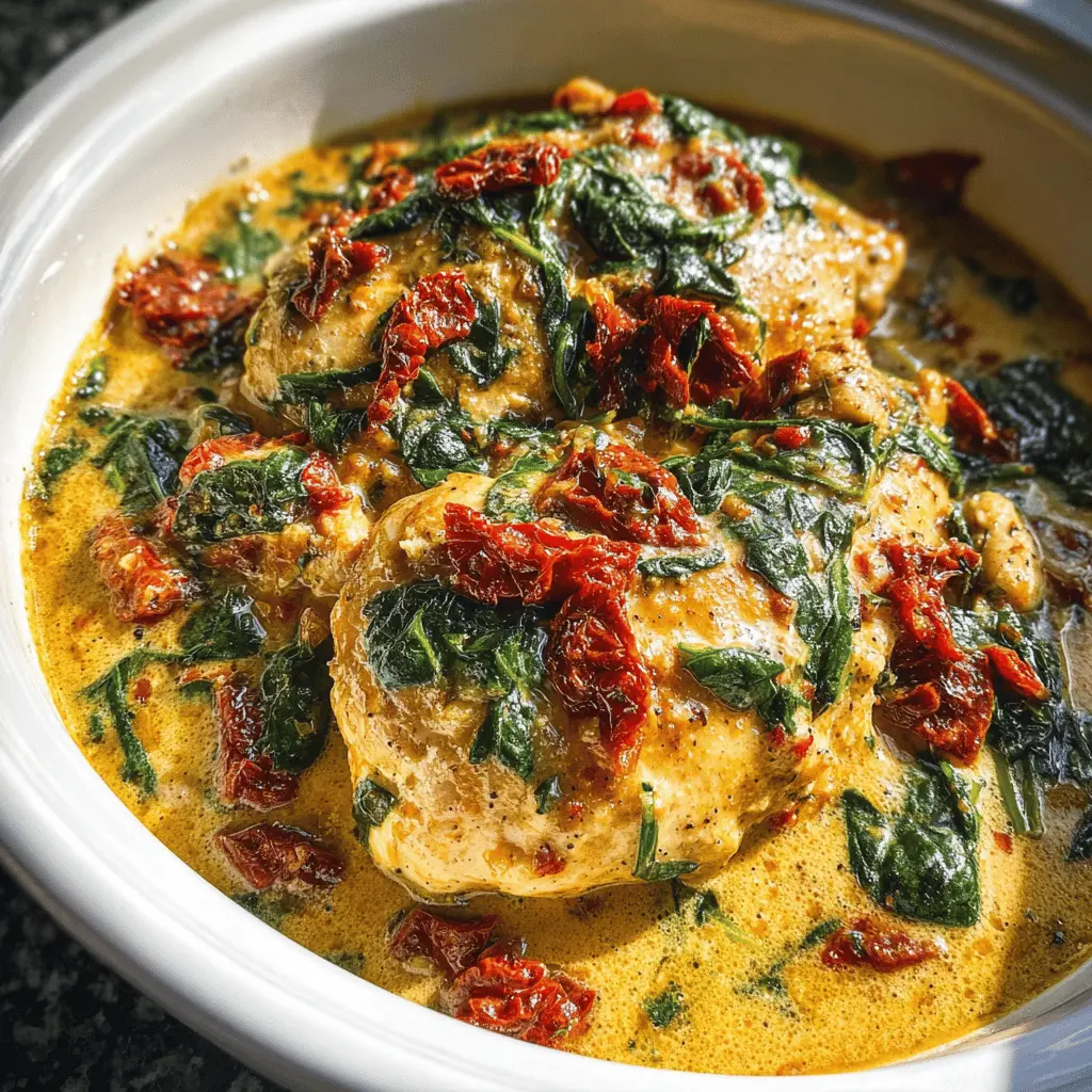 Easy Crockpot Tuscan Garlic Chicken with Spinach