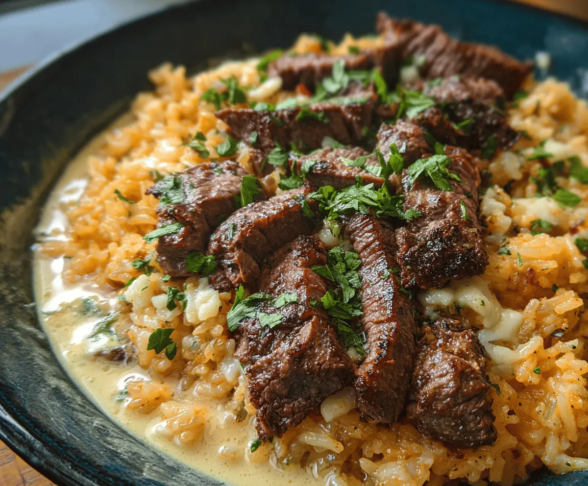 Creamy Queso Rice with Tender Steak Strips