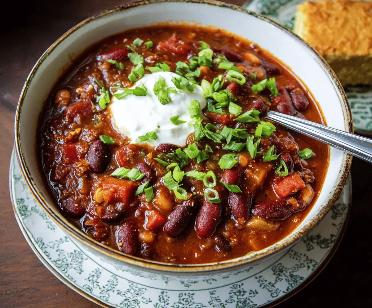 Hearty 3-Bean Chili served in a bowl with fresh toppings, featuring kidney beans, black beans, and pinto beans garnished with cilantro and shredded cheese.