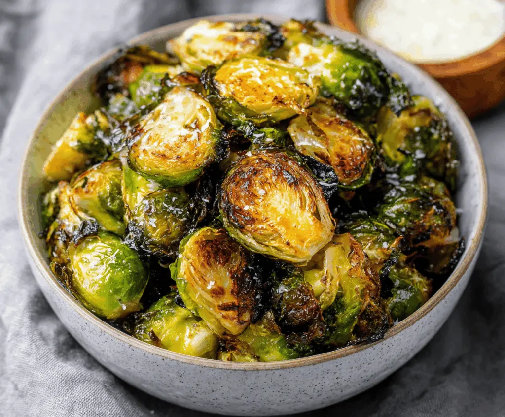 Crispy air fryer Brussels sprouts garnished with lemon and herbs on a white plate, ready to serve