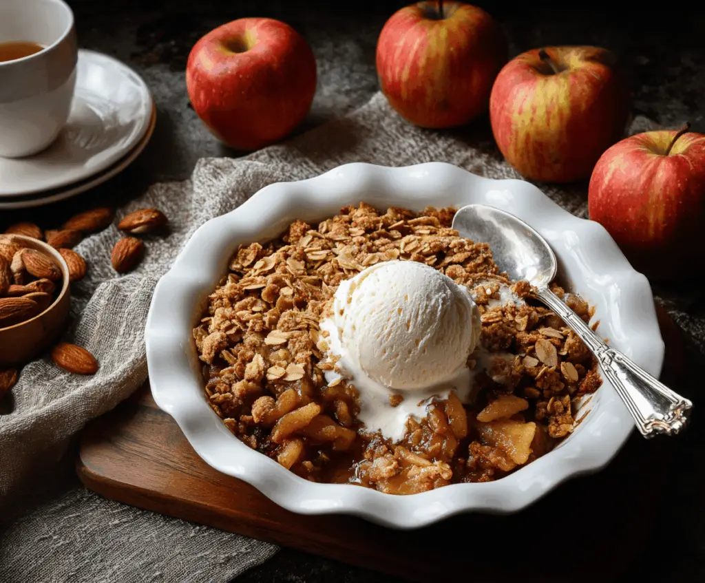 Delicious homemade almond apple crisp topped with golden almonds and cinnamon, served in a rustic baking dish ready to enjoy.