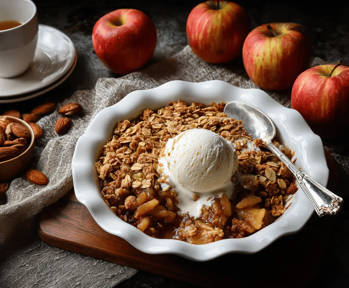 Delicious homemade almond apple crisp topped with golden almonds and cinnamon, served in a rustic baking dish ready to enjoy.