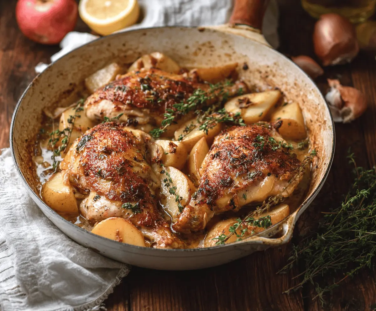 Juicy apple cider chicken breasts garnished with fresh herbs on a rustic wooden plate, ready to serve, for a delicious and easy apple cider chicken recipe.