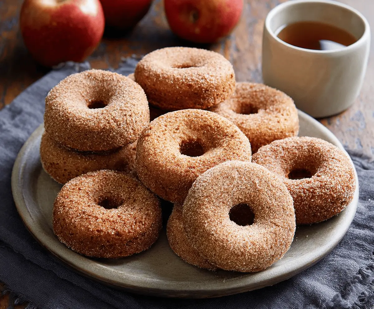 Fresh homemade apple cider donuts dusted with cinnamon and sugar on a rustic plate, perfect for fall baking.
