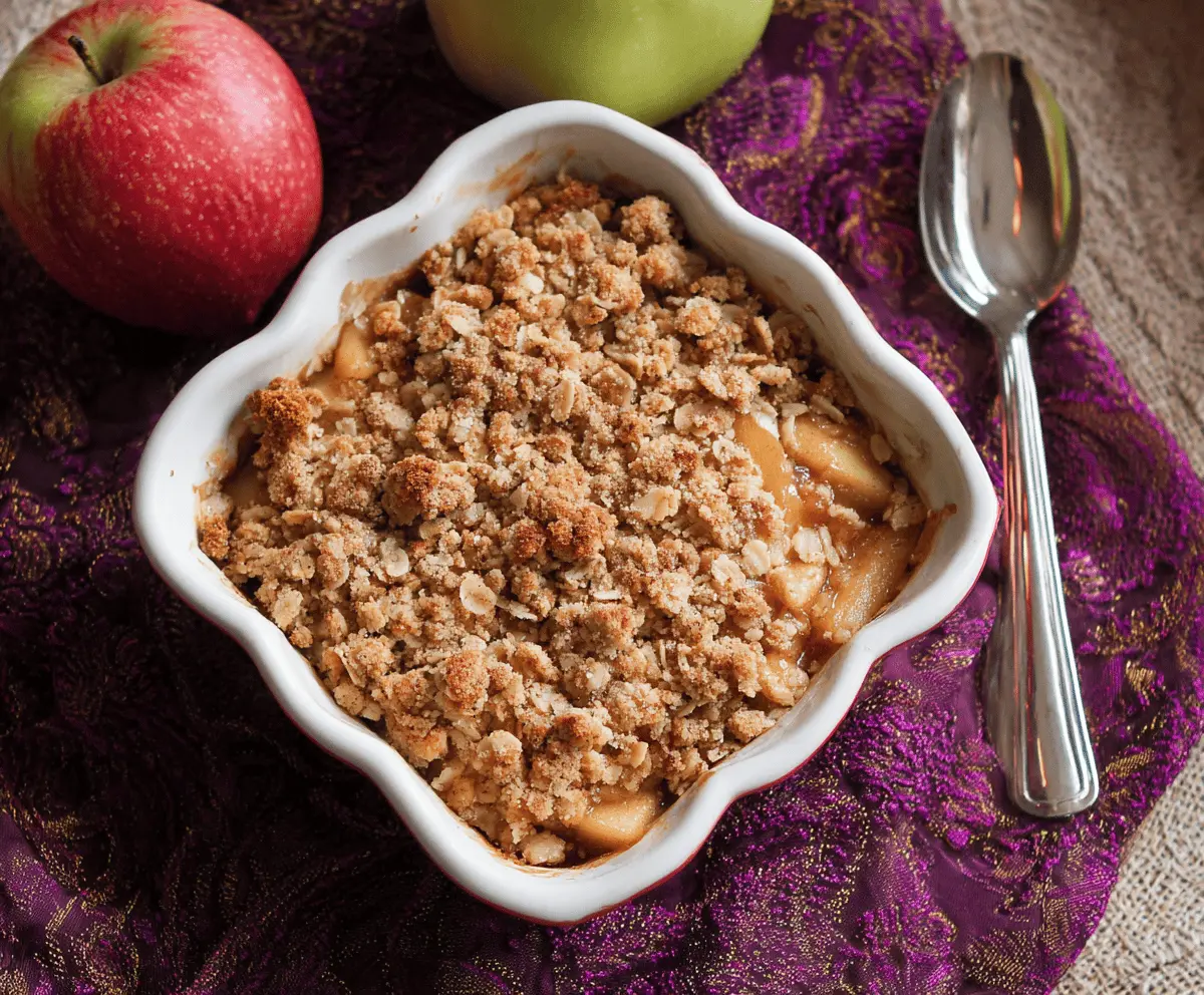 Delicious Apple Cider Glazed Apple Crisp with caramelized apple filling and crunchy topping served in a rustic pie dish