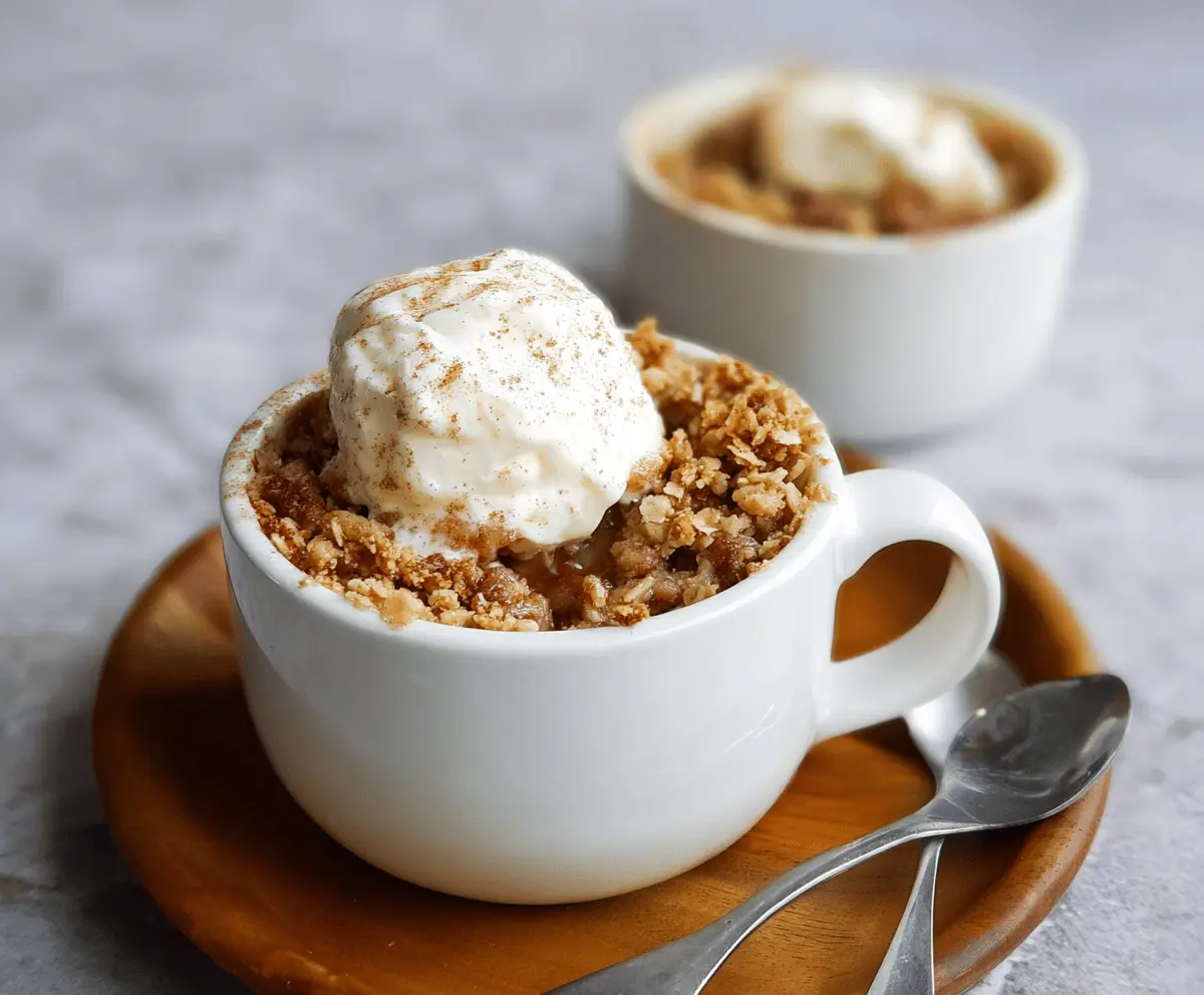 Delicious homemade apple crisp served in a mug, topped with cinnamon and oats, perfect for a cozy dessert or snack.