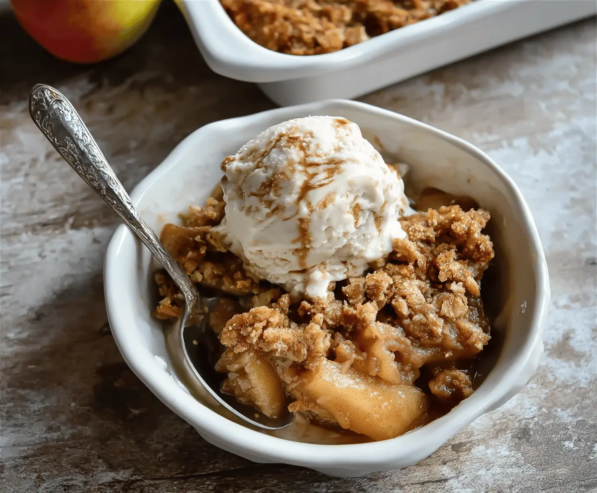 Delicious homemade Apple Pear Crisp with golden crumble topping and fresh fruit filling in a baking dish