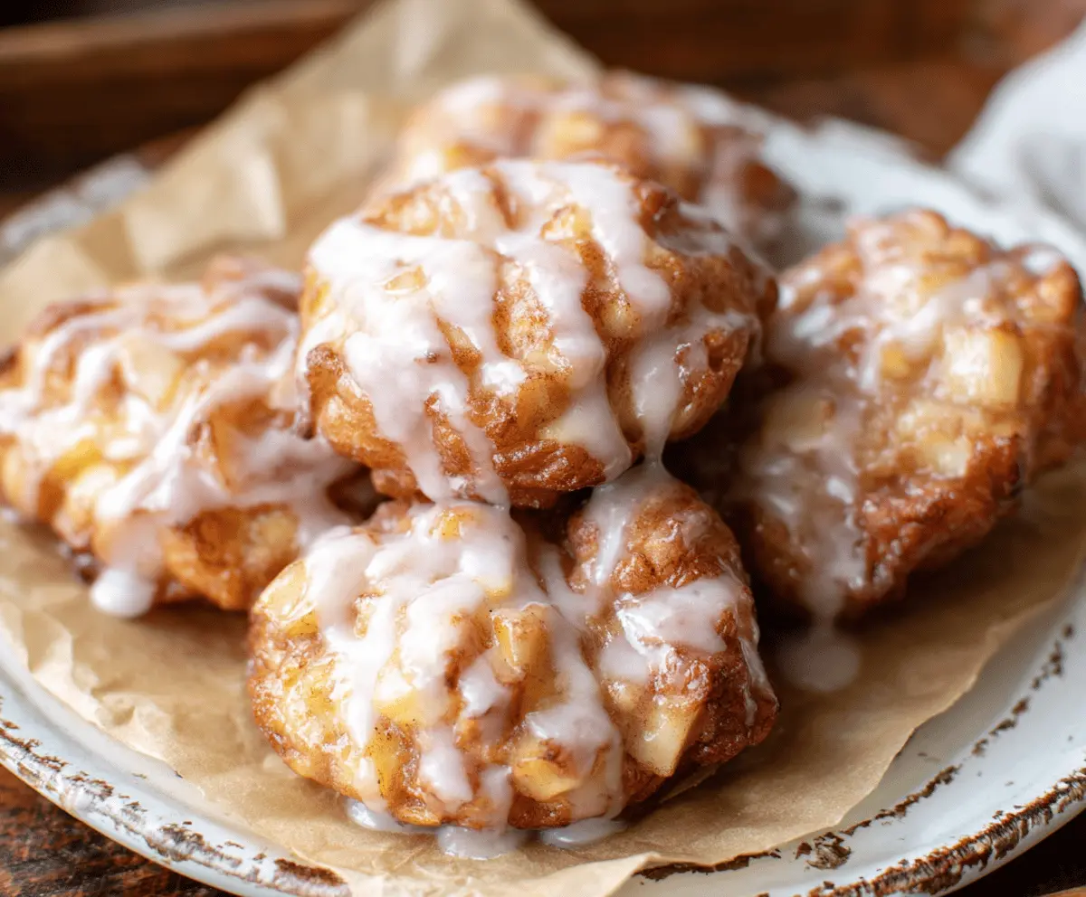 Delicious baked apple fritters topped with glossy glaze, served on a white plate for a sweet dessert treat