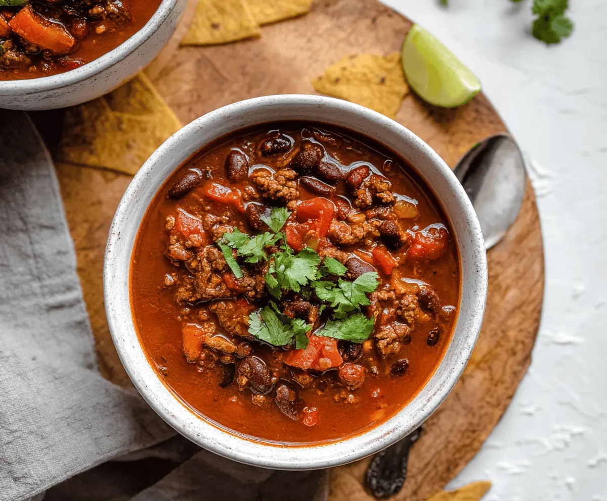 Hearty bowl of homemade bison chili topped with shredded cheese and fresh cilantro, served with cornbread on the side.