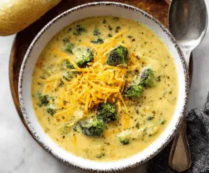 Creamy Broccoli Cheddar Potato Soup topped with melted cheese and fresh broccoli florets in a rustic bowl