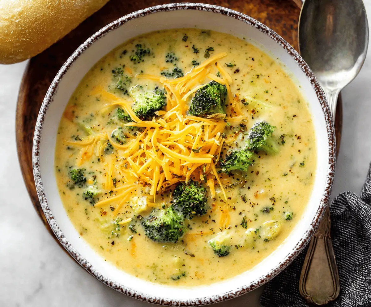 Creamy Broccoli Cheddar Potato Soup topped with melted cheese and fresh broccoli florets in a rustic bowl