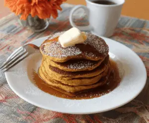 Fluffy buttermilk pumpkin pancakes topped with syrup and whipped cream on a plate, perfect for fall breakfast