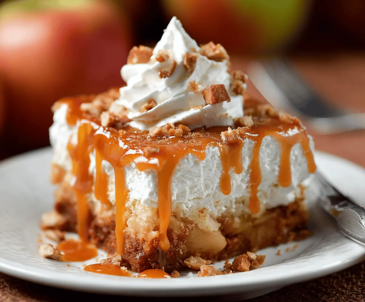 Delicious caramel apple poke cake topped with caramel drizzle and apple slices, perfect for fall desserts.