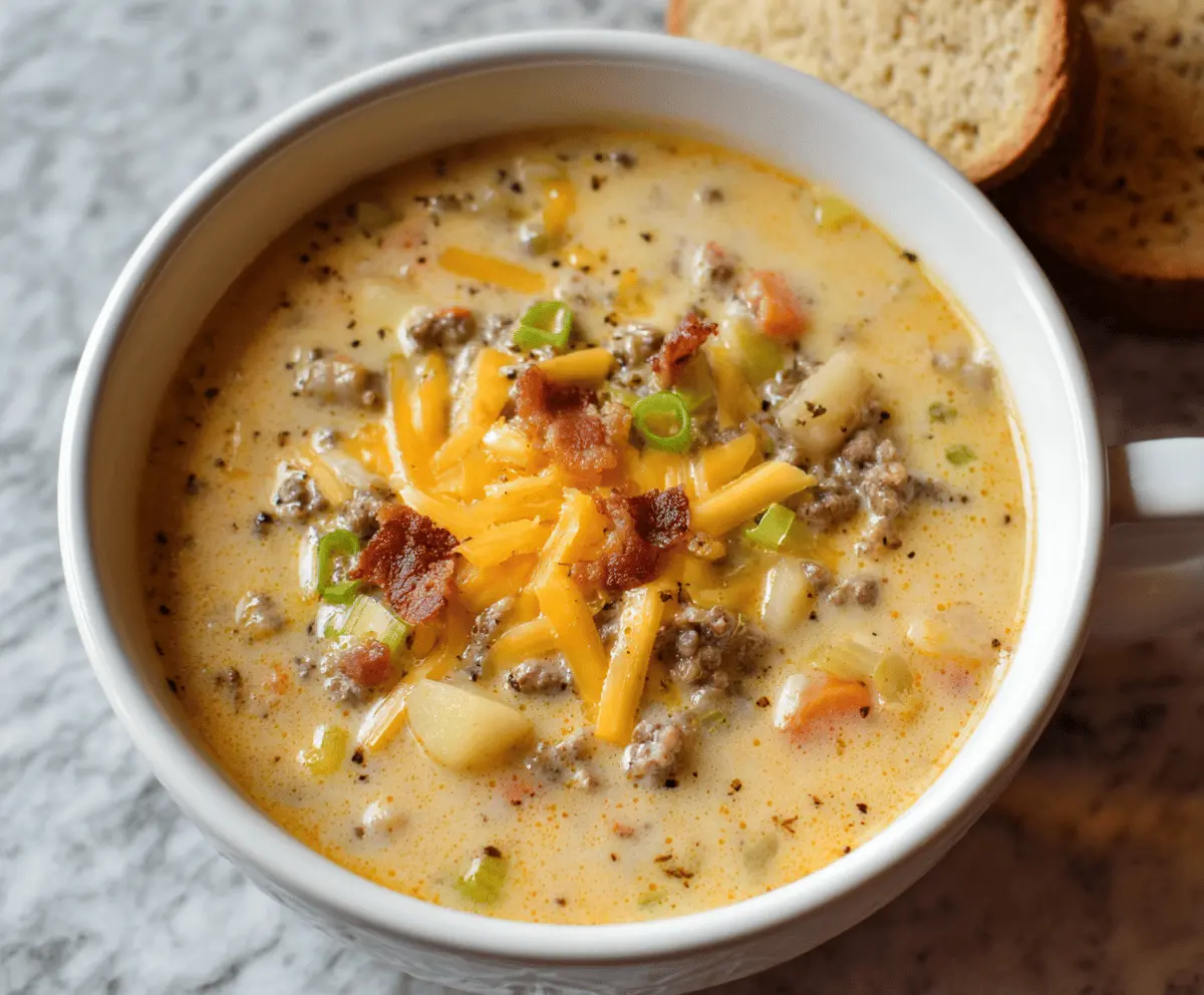 Creamy cheeseburger soup with ground beef, melted cheese, and chopped vegetables served in a bowl, perfect for comfort food lovers