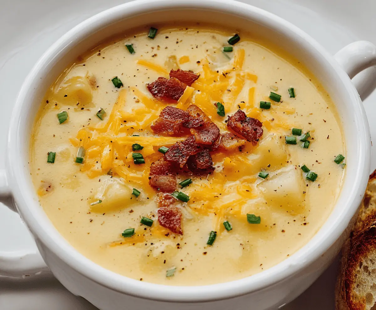 Creamy cheesy potato soup topped with shredded cheese and fresh herbs in a rustic bowl, perfect for a comforting meal.
