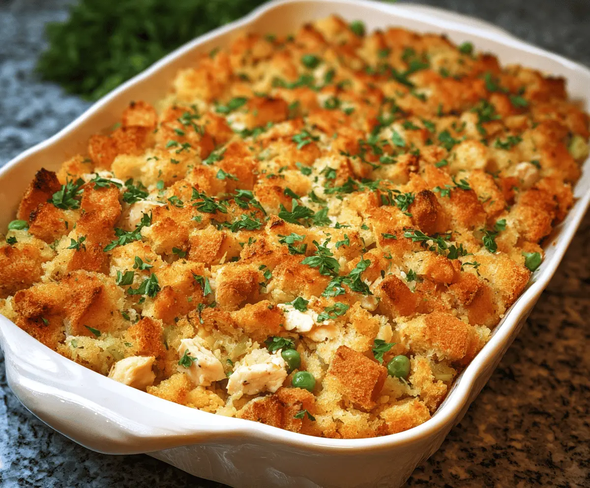 Delicious chicken and stuffing casserole topped with golden-brown crust, served in a baking dish