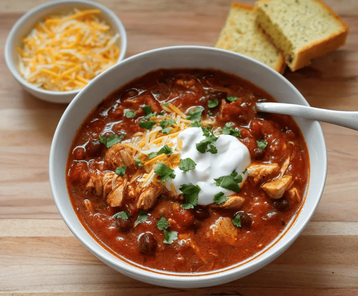 Delicious homemade chicken chili with beans, spices, and toppings served in a bowl