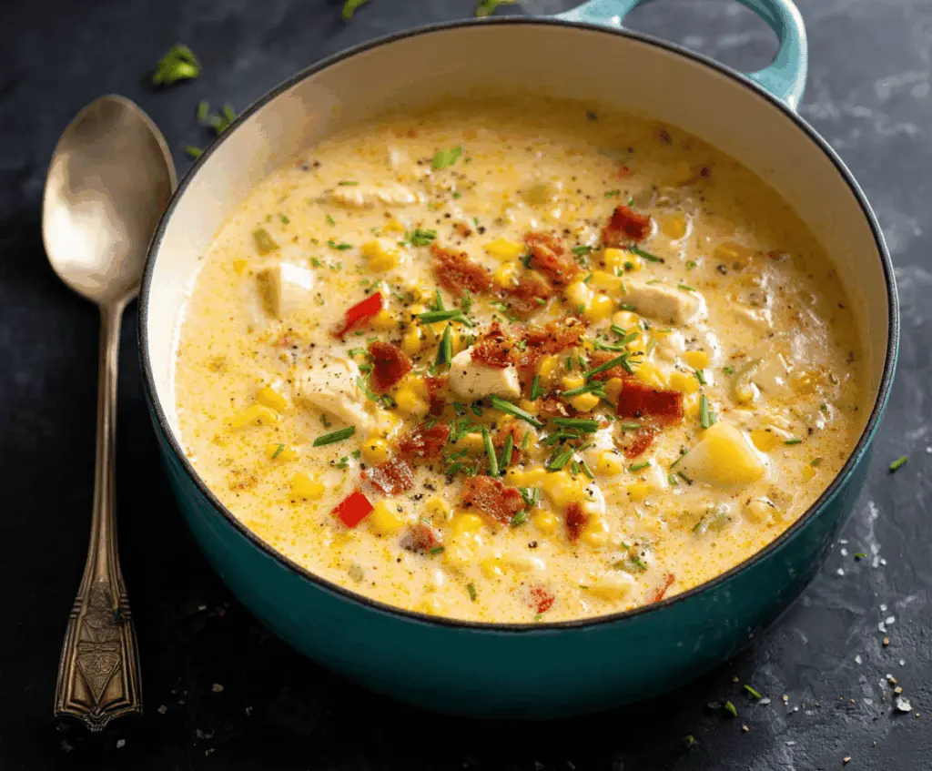 Creamy chicken corn chowder in a bowl with fresh herbs, served with crusty bread, perfect for a warm and hearty meal.