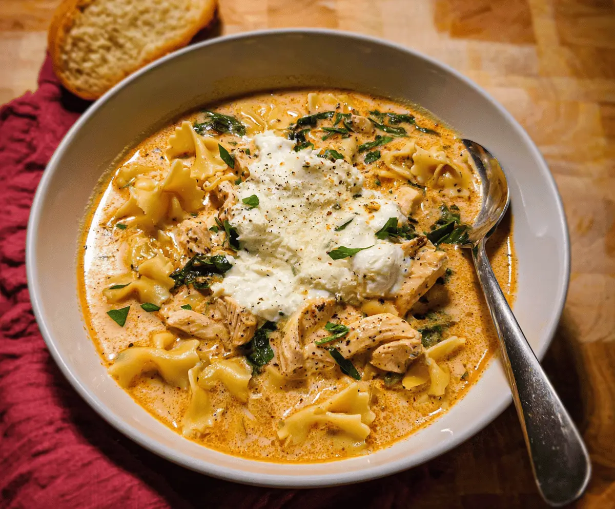 A bowl of hearty Chicken Lasagna Soup featuring tender chicken, melted cheese, lasagna noodles, tomato sauce, and fresh herbs garnished with basil