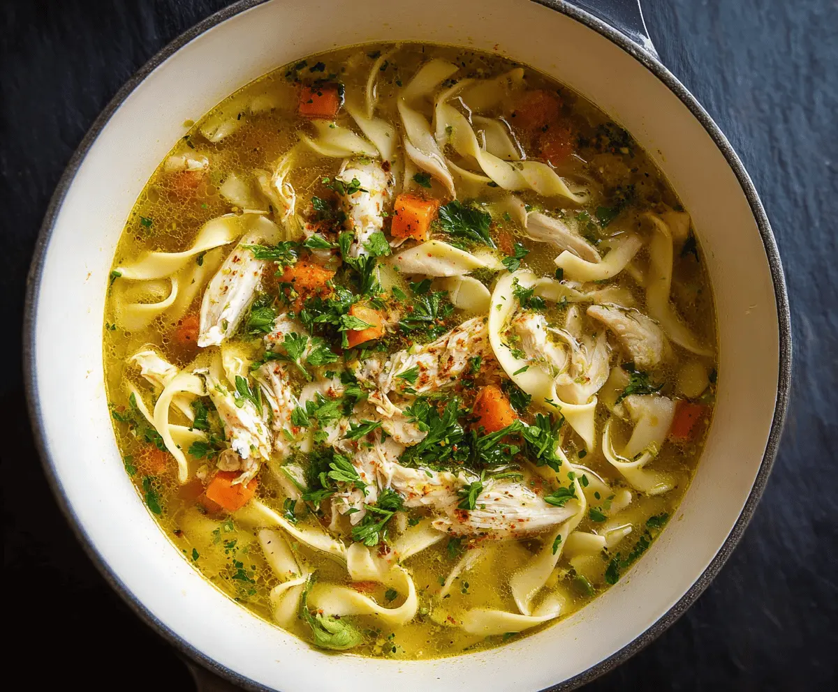 A steaming bowl of homemade chicken noodle soup with tender chicken, colorful vegetables, and tender noodles, served in a rustic bowl on a wooden table.