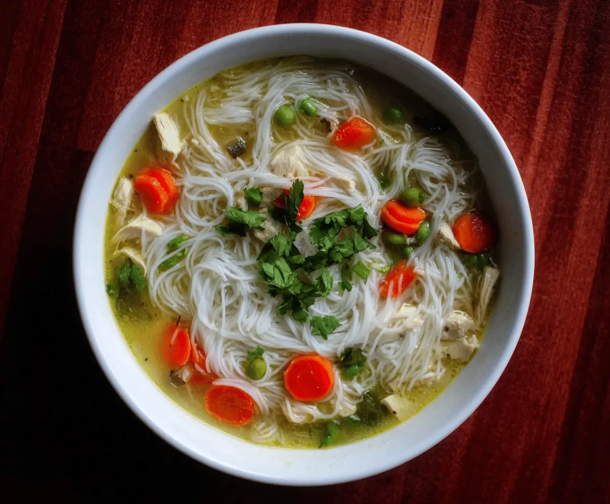 A bowl of Chicken Rice Noodle Soup topped with fresh herbs, sliced chicken, and lime wedges, served hot with colorful vegetables and rice noodles.