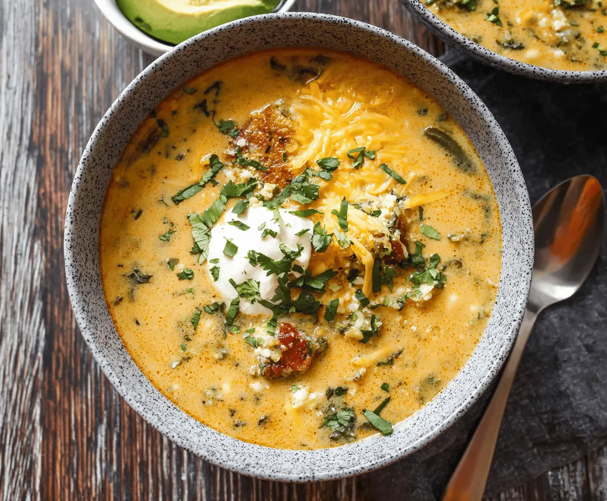 A delicious bowl of Chile Relleno Soup featuring roasted chiles, melted cheese, and fresh herbs in a flavorful broth.