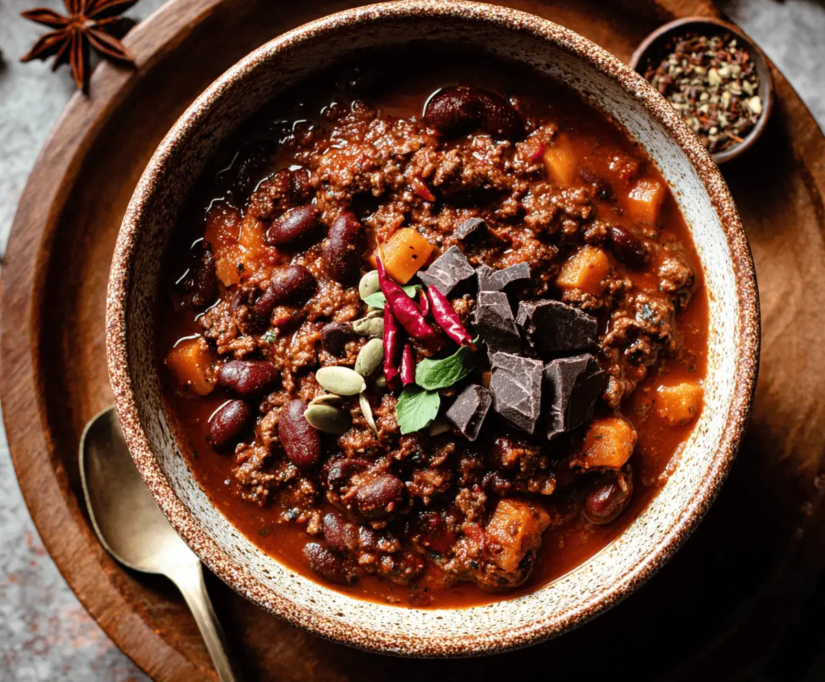 Delicious chocolate chili served in a bowl with garnishes, showcasing a rich, savory blend of chili peppers and melted chocolate for a unique spicy-sweet flavor.