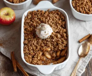 Delicious homemade cinnamon apple crisp topped with golden brown oats and warm cinnamon slices, ready to serve