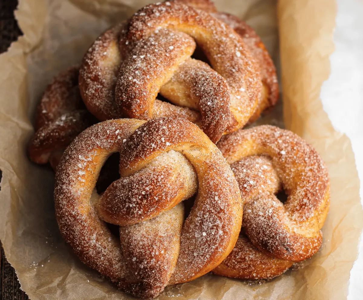 Golden-brown cinnamon sugar soft pretzels served on a white plate with a sprinkle of cinnamon sugar topping
