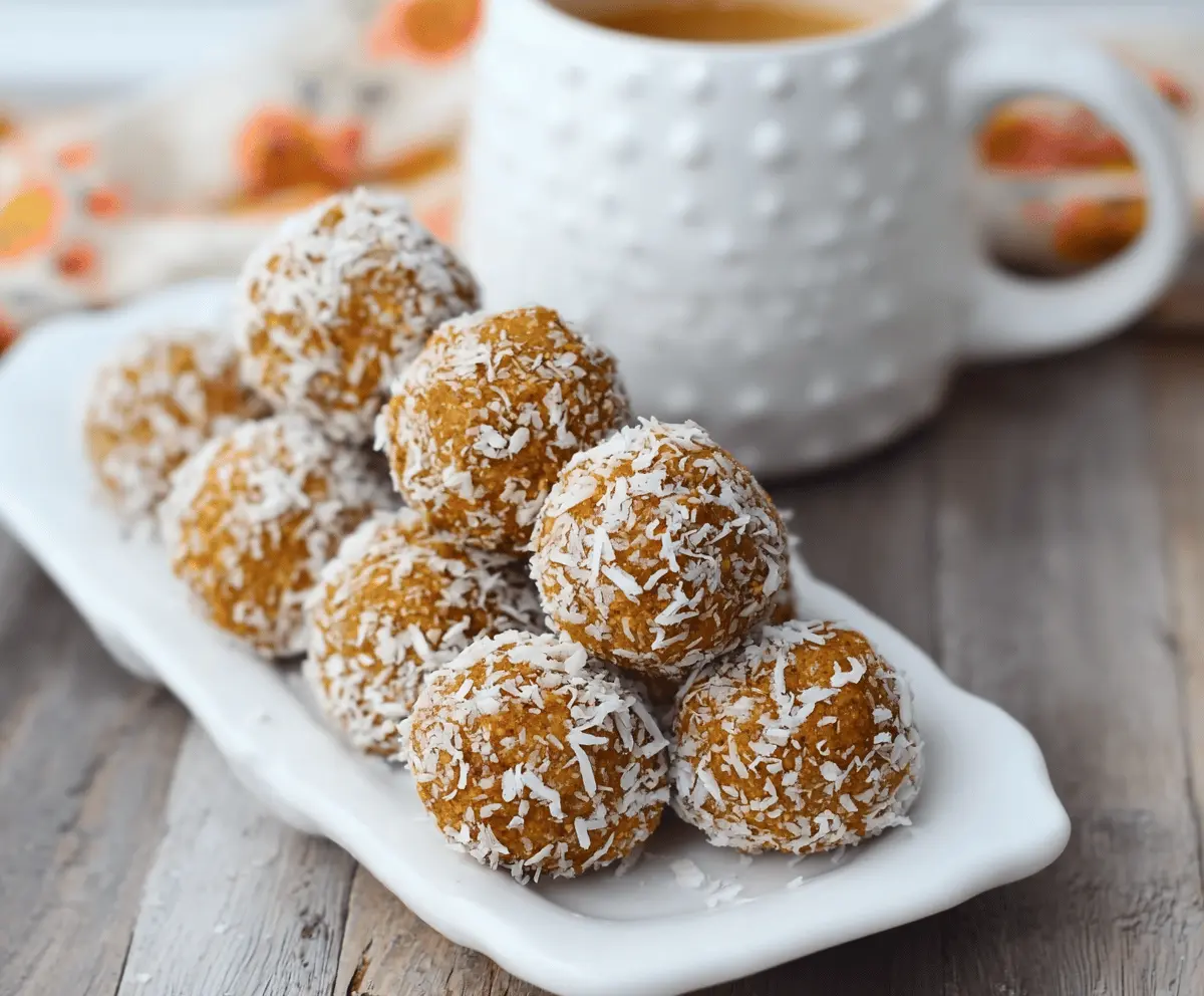 Delicious coconut pumpkin protein balls on a plate, healthy homemade snack with shredded coconut, pumpkin puree, and protein powder, perfect for quick energy boosts