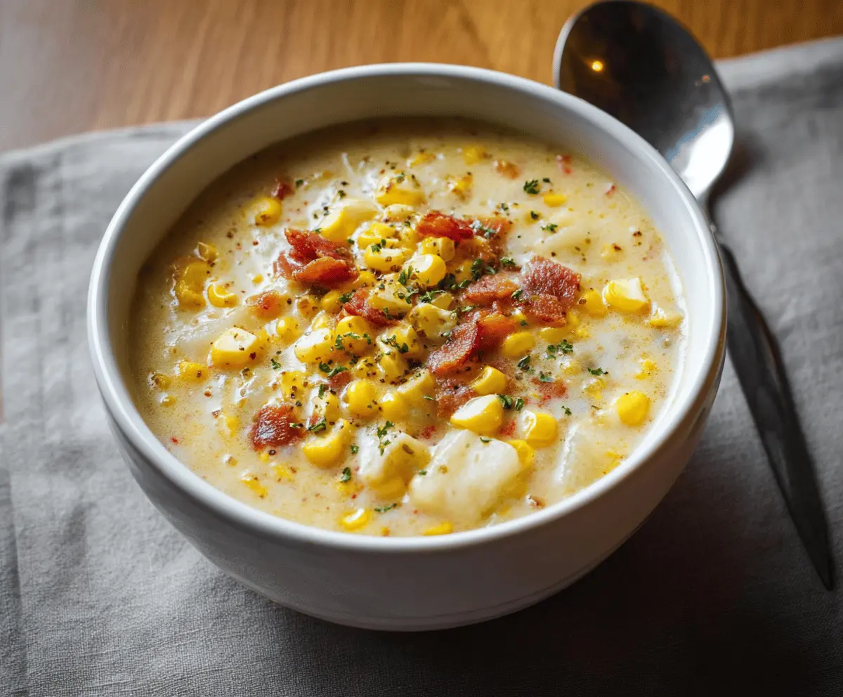 Creamy corn chowder served in a bowl with fresh herbs and crispy bread on the side, perfect for a comforting meal.
