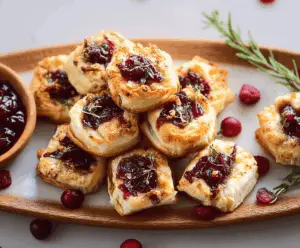 Delicious Cranberry Brie Bites with creamy cheese and fresh cranberry topping on a festive platter
