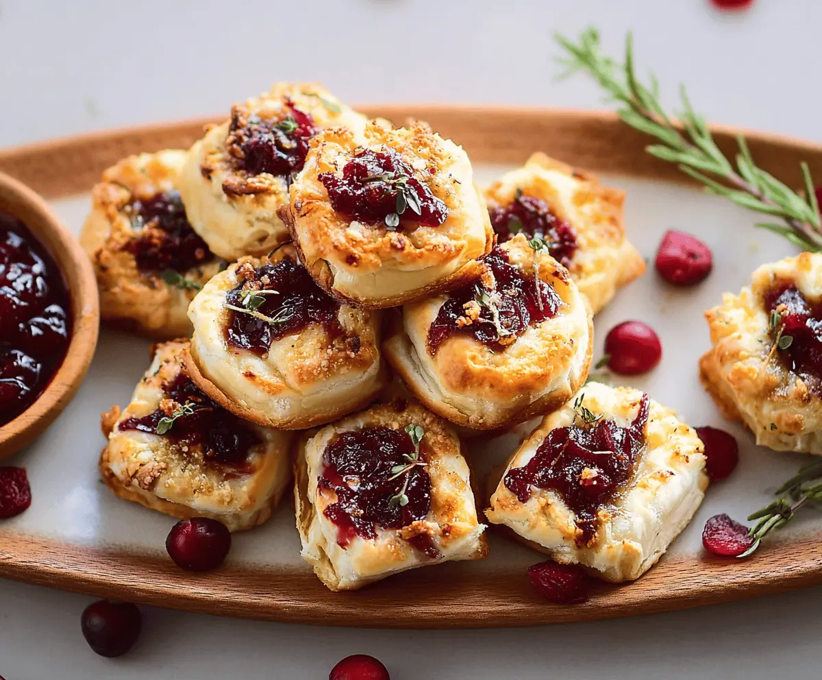 Delicious Cranberry Brie Bites with creamy cheese and fresh cranberry topping on a festive platter