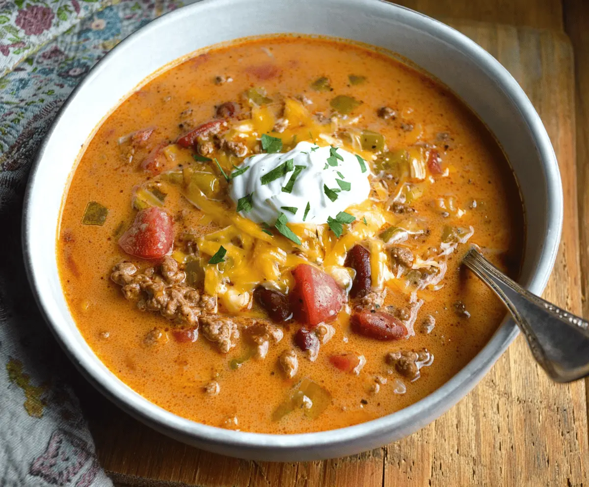 Creamy beef taco soup in a bowl garnished with shredded cheese, fresh cilantro, and tortilla chips, ready to serve.