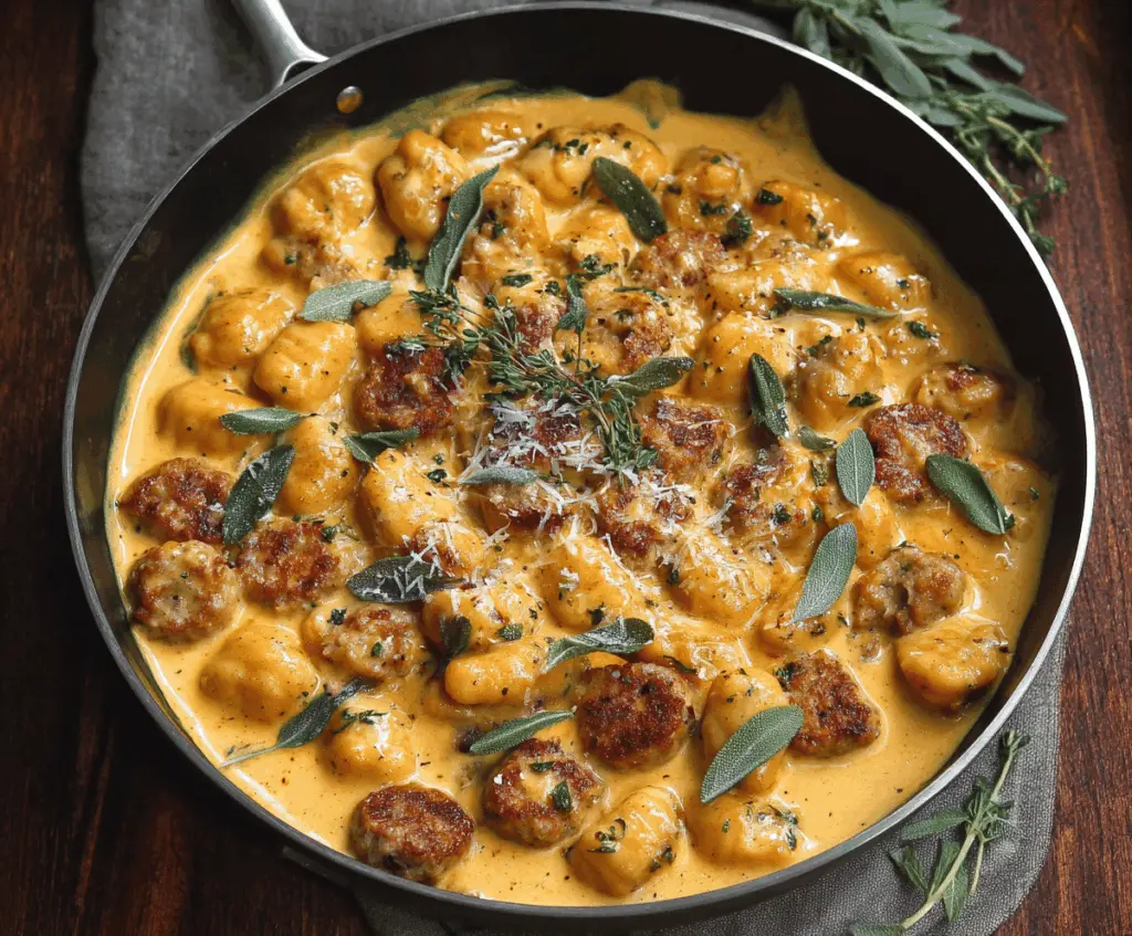 Creamy butternut squash gnocchi with sausage served on a white plate, garnished with herbs, delicious and comforting autumn recipe