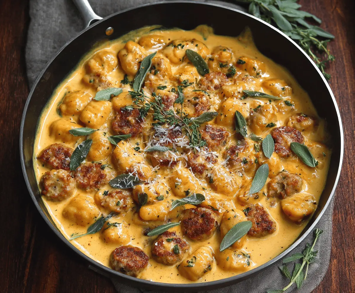 Creamy butternut squash gnocchi with sausage served on a white plate, garnished with herbs, delicious and comforting autumn recipe