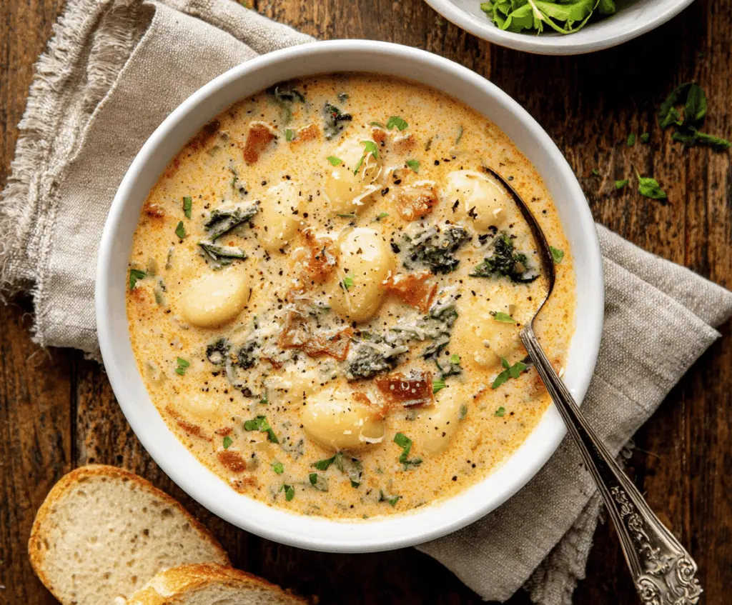 Creamy Gnocchi Soup in a bowl with fresh herbs and vegetables, showcasing a rich and comforting Italian-inspired soup