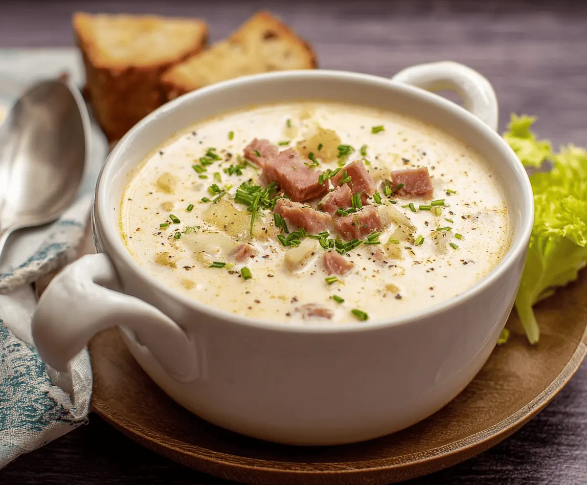 A steaming bowl of creamy Reuben soup topped with melted cheese, sliced corned beef, sauerkraut, and fresh herbs in a rustic bowl, served with crusty bread on the side.