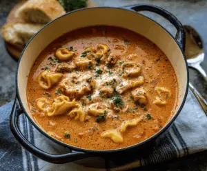 Creamy Tortellini Lasagna Soup in a bowl with melted cheese, fresh basil, and sliced tomatoes, served hot and ready to enjoy