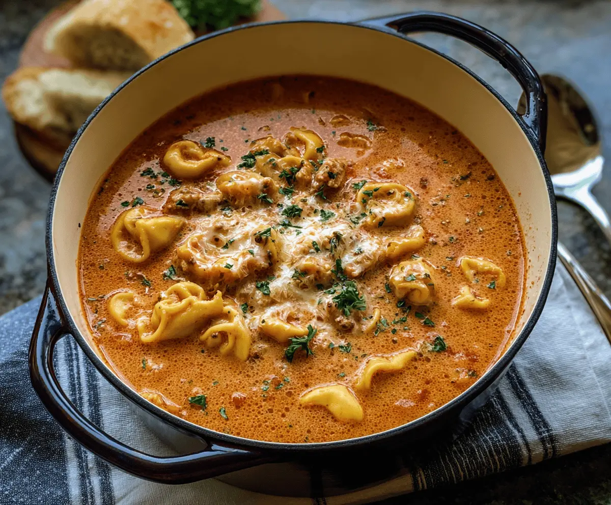 Creamy Tortellini Lasagna Soup in a bowl with melted cheese, fresh basil, and sliced tomatoes, served hot and ready to enjoy