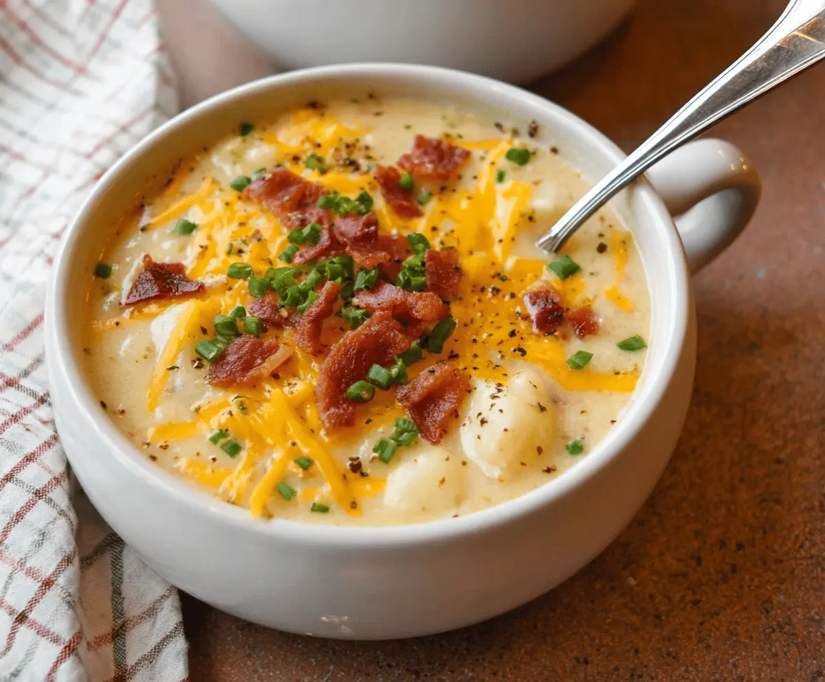 Creamy Crock Pot Crack Potato Soup served in a bowl with bacon bits and chopped green onions, perfect for a comforting homemade meal.