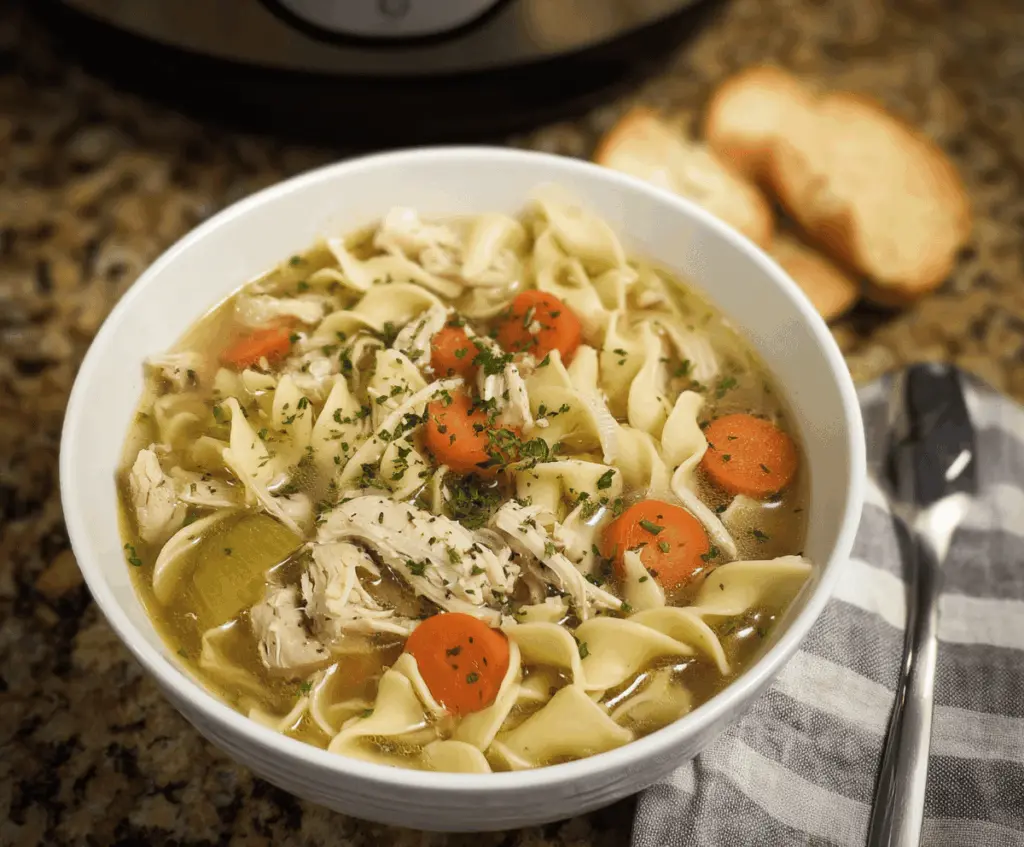 A bowl of homemade Crockpot Chicken Noodle Soup with tender chicken, vegetables, and noodles served hot, perfect for comforting meals.