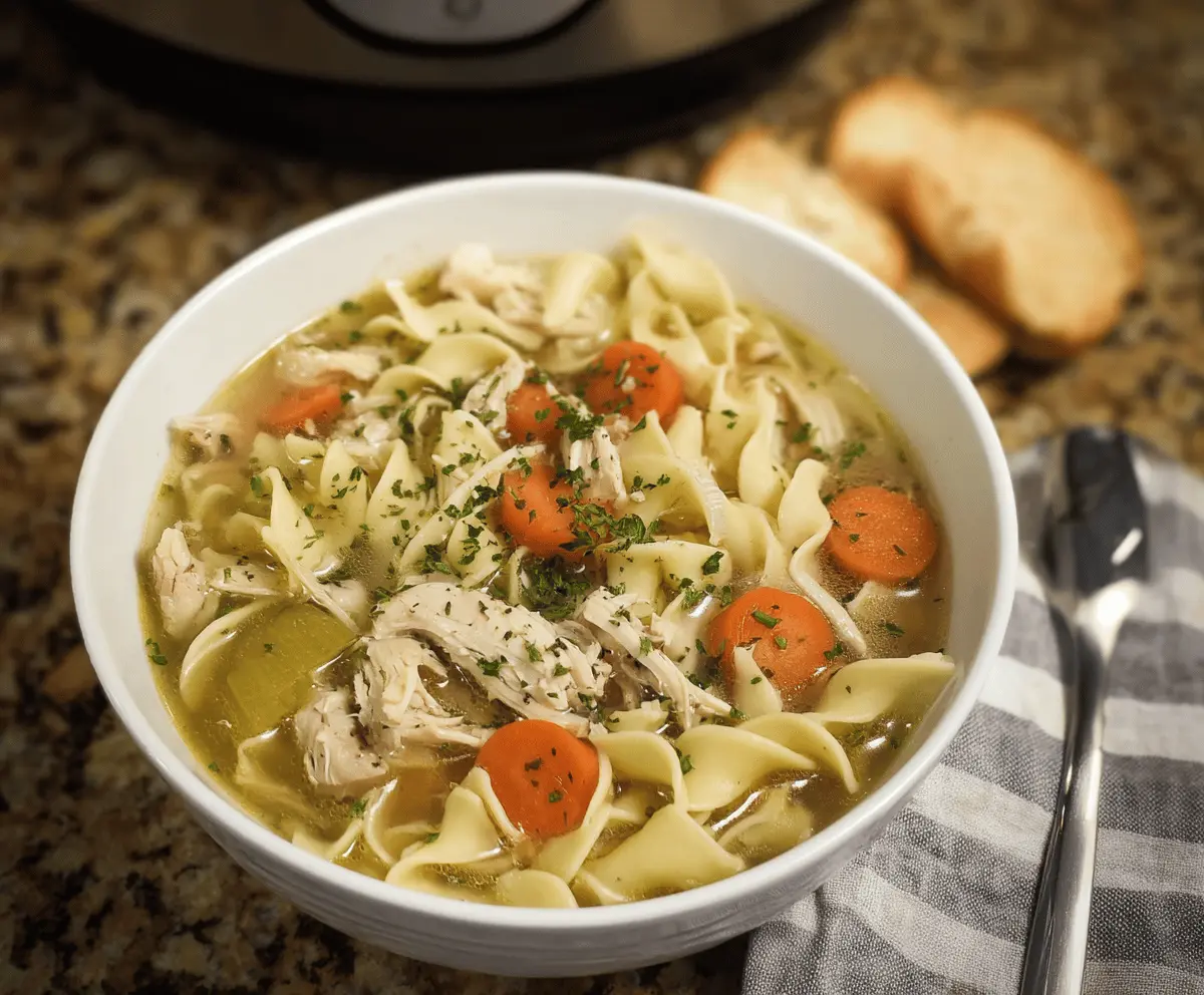 A bowl of homemade Crockpot Chicken Noodle Soup with tender chicken, vegetables, and noodles served hot, perfect for comforting meals.