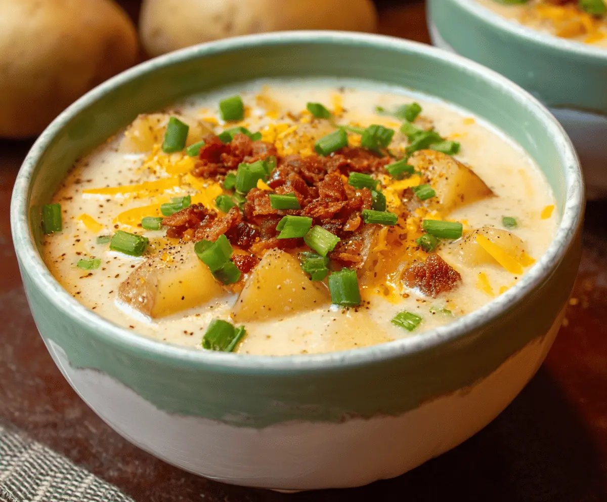 Creamy crockpot potato soup in a bowl topped with shredded cheese and fresh herbs, served with crusty bread for a comforting meal